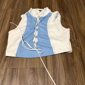 White and Light Blue Lace-Up Crop Top
